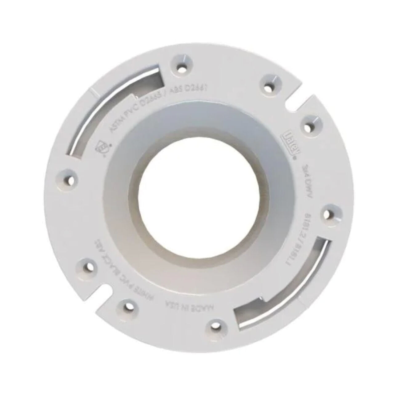 The Go Build 3 in. Outside Fit or 4 in. Inside Fit PVC Open Hub Toilet Flange features a large central hole, multiple mounting slots, and molded standards info on its white plastic surface.